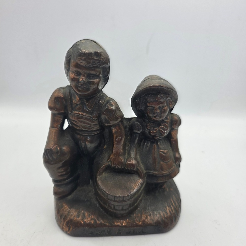 Vintage Jack & Jill Nursery Rhyme Cast Metal Coin Bank Bronze Finish